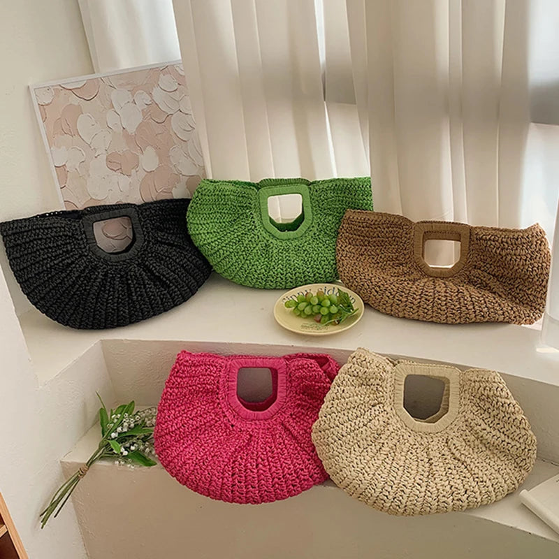 Handmade Straw Half-Moon Tote – Summer Beach Handbag for Women