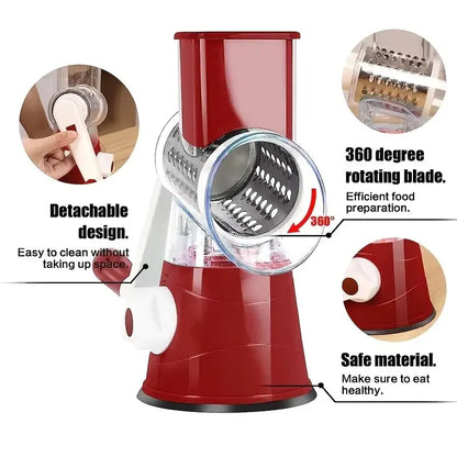 Manual Rotary Vegetable Slicer – 3-Blade Cheese Chopper & Potato Shredder