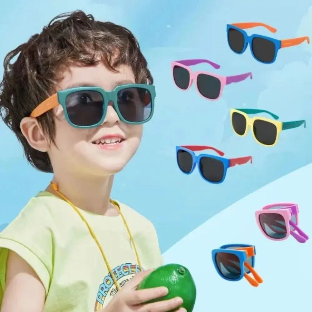 Child wearing colorful sunglasses with additional styles displayed on a blue background
