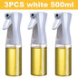 Three white spray bottles with clear liquid on a yellow background, labeled '3PCS white 500ml'.