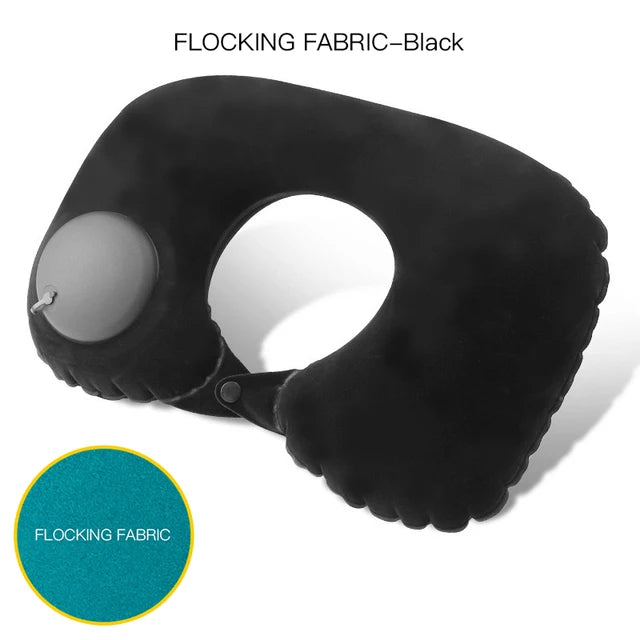Black flocking fabric neck pillow on a white background