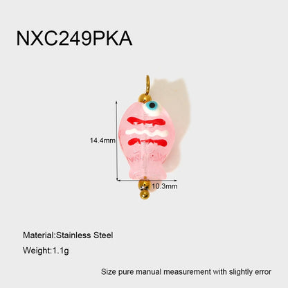 Pink fish-shaped pendant with measurements and material details on a white background