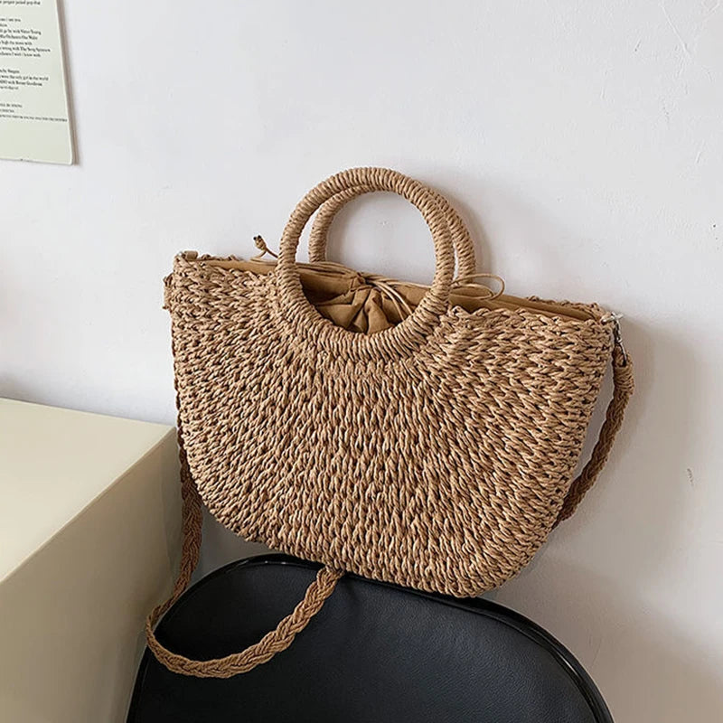 Straw Woven Beach Tote – Handmade Summer Bucket Bag for Women
