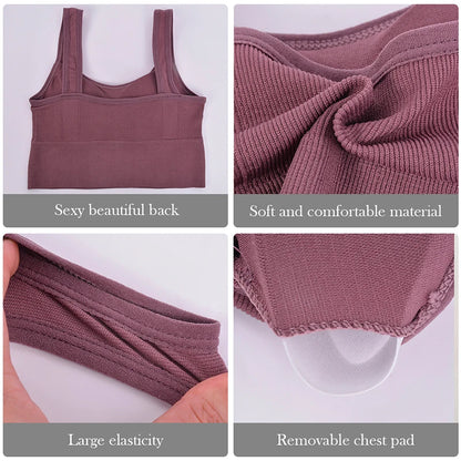Collage of a purple sports bra with features highlighted on a white background