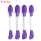 Four purple silicone spoons with textured ends on a white background