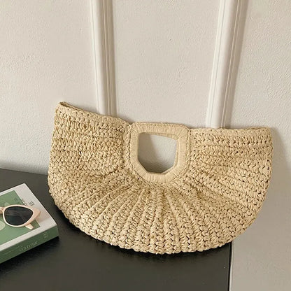 Handmade Straw Half-Moon Tote – Summer Beach Handbag for Women
