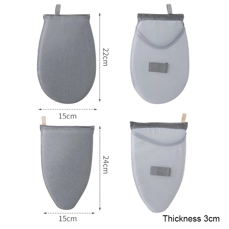 Gray oven mitts with dimensions labeled on a white background