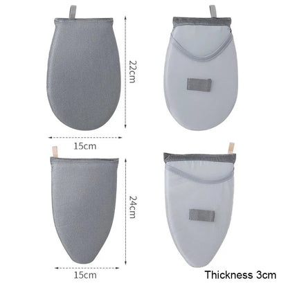 Gray oven mitts with dimensions labeled on a white background