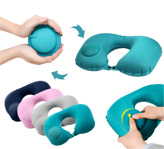 Press inflatable U-shaped pillow with multiple colors and usage instructions on a white background.