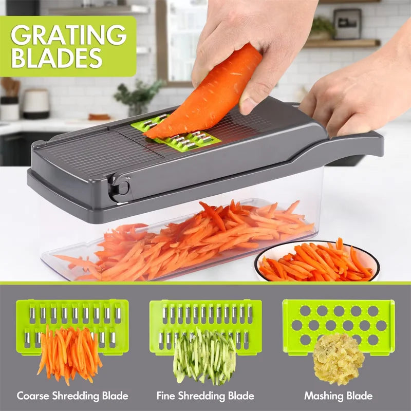Vegetable grating tool with different blades being used on carrots, showing coarse, fine, and mashing shredding options.