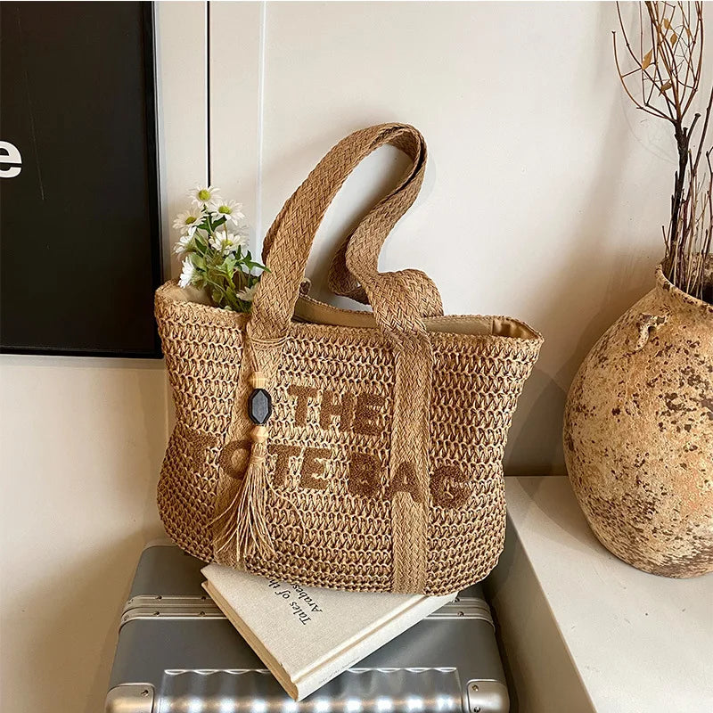 French-Style Woven Straw Tote Bag – Large Beach Vacation Shoulder Bag