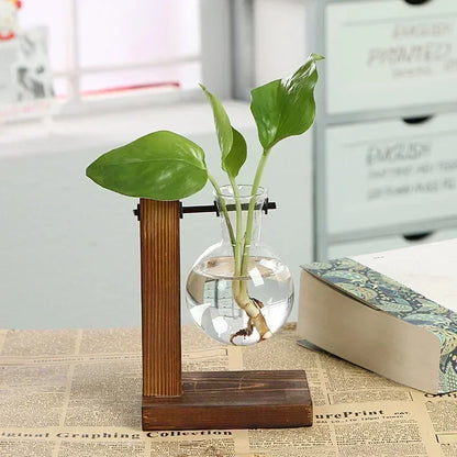 Glass vase with plant on a wooden stand on a table with a blurred background