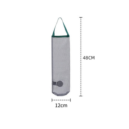 Mesh storage bag with dimensions labeled on a white background