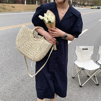 Straw Woven Beach Tote – Handmade Summer Bucket Bag for Women