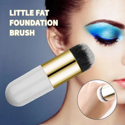 Makeup brush with 'Little Fat Foundation Brush' text and close-up of application on skin.
