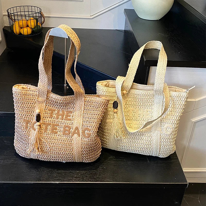 French-Style Woven Straw Tote Bag – Large Beach Vacation Shoulder Bag