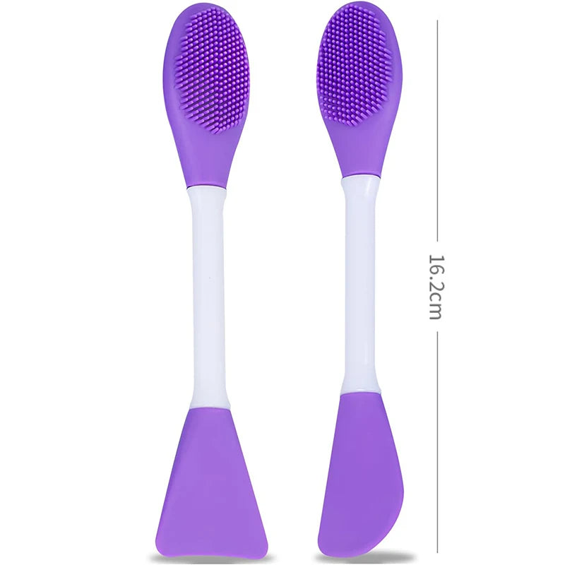 Two purple and white baby utensils on a white background with measurement text.