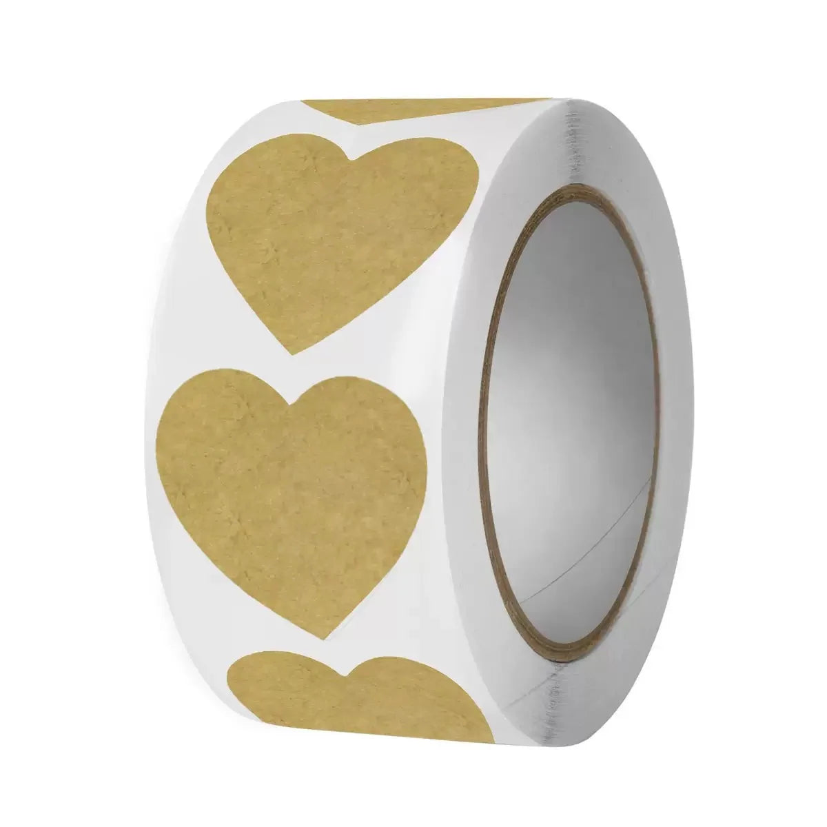 Roll of gold heart-shaped stickers on a white background