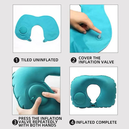 Step-by-step guide on how to inflate a blue inflatable neck pillow.