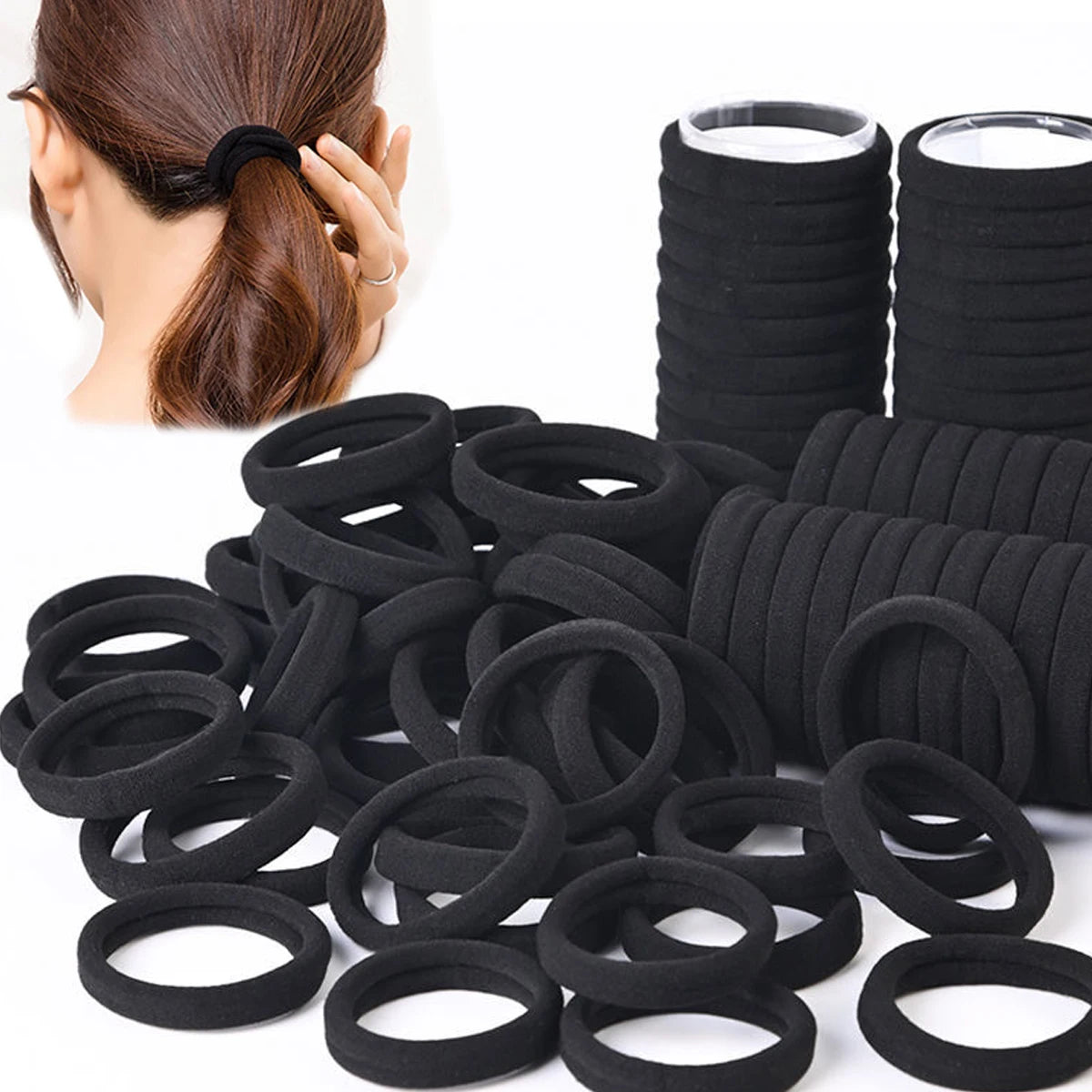 Black hair ties with a person tying their hair, on a white background