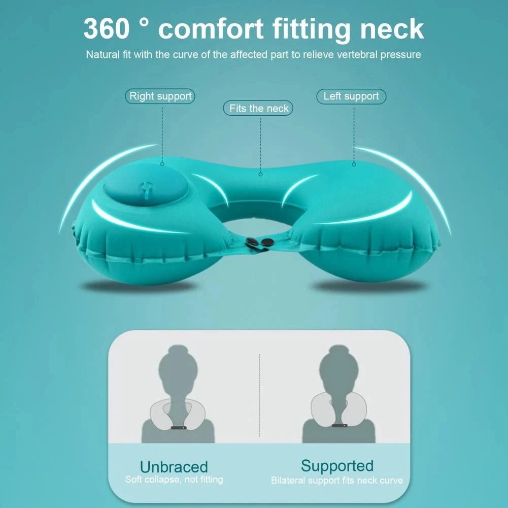 Turquoise inflatable neck support pillow with text on a teal background
