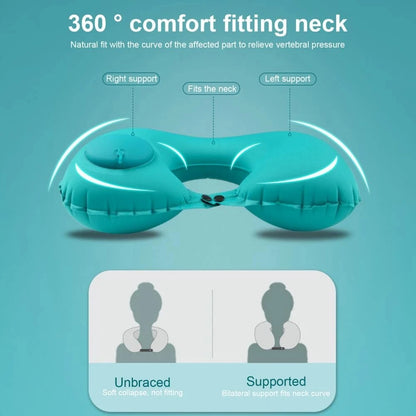 Turquoise inflatable neck support pillow with text on a teal background