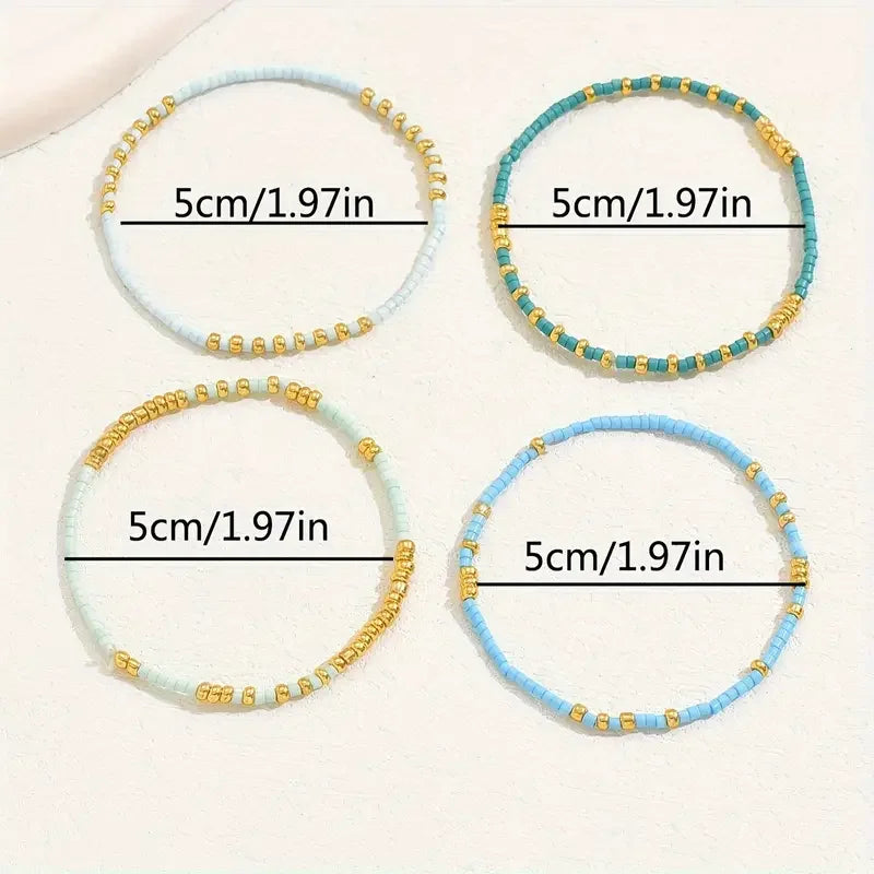 4-Piece Turquoise Seed Bead Bracelet Set – Boho Gold-Plated Elastic Jewelry