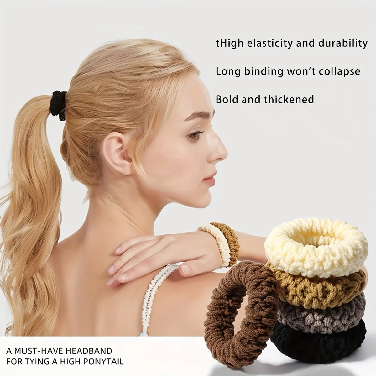Woman with high ponytail wearing colorful scrunchies on a white background