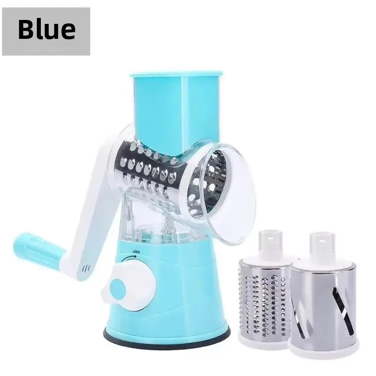 Manual Rotary Vegetable Slicer – 3-Blade Cheese Chopper & Potato Shredder