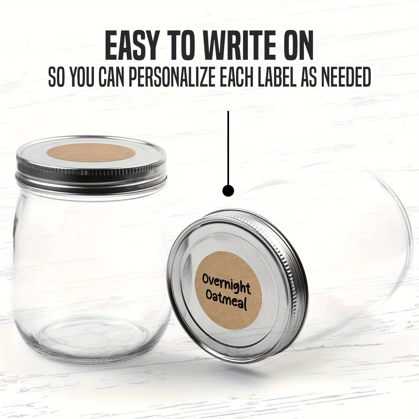Clear glass jar with a labeled lid on a white background, featuring text about label ease of use.