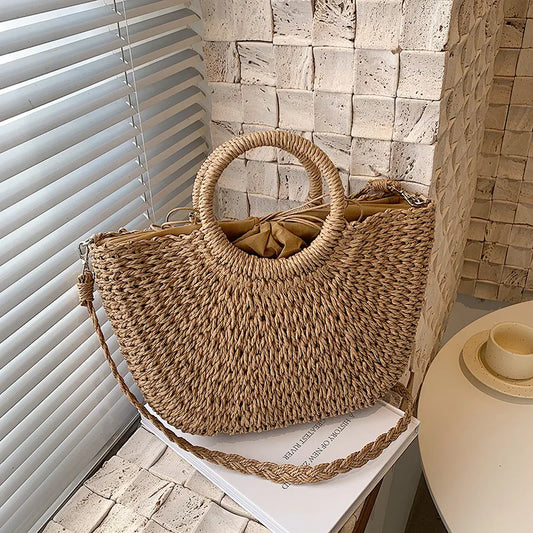 Straw Woven Beach Tote – Handmade Summer Bucket Bag for Women