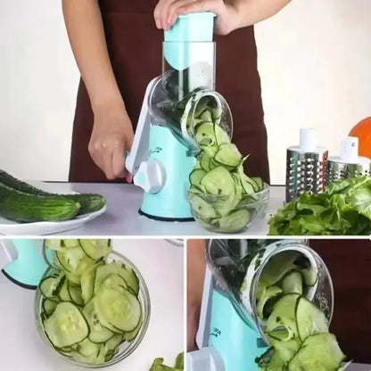 Manual Rotary Vegetable Slicer – 3-Blade Cheese Chopper & Potato Shredder