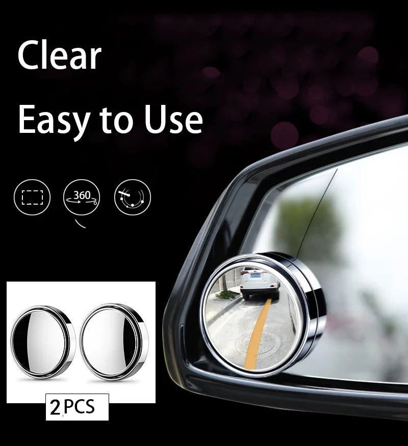 Car side mirror with round convex mirror attachment, labeled 'Clear Easy to Use', on a dark background.