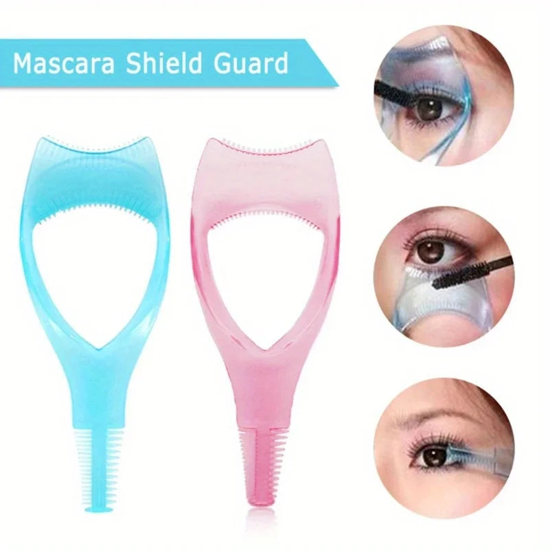Mascara shield guard with blue and pink designs, showing application on eyes.