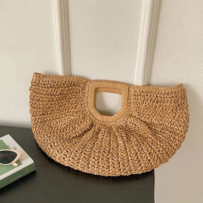 Handmade Straw Half-Moon Tote – Summer Beach Handbag for Women