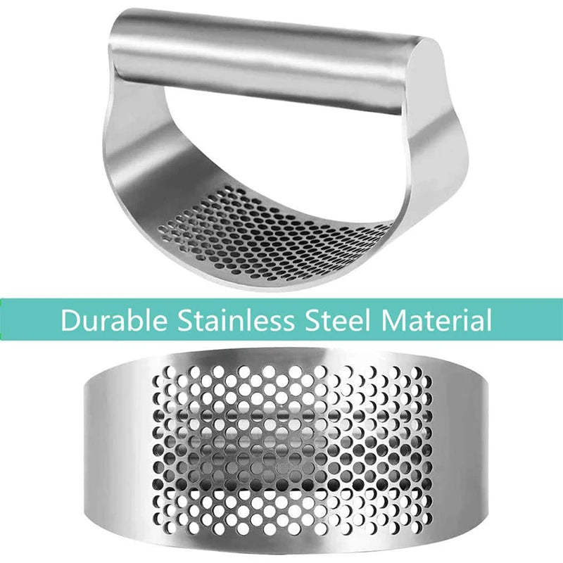 Metallic garlic press with perforated design on a white background