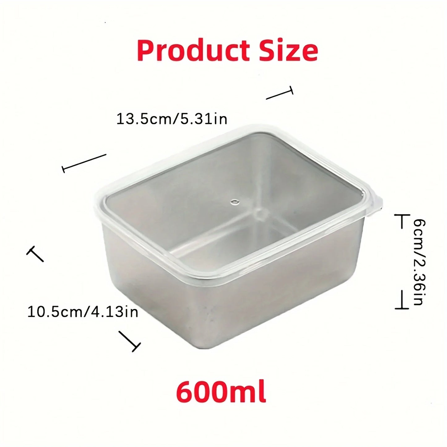 Rectangular plastic container with dimensions and capacity label on a white background