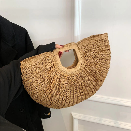 Handmade Straw Half-Moon Tote – Summer Beach Handbag for Women