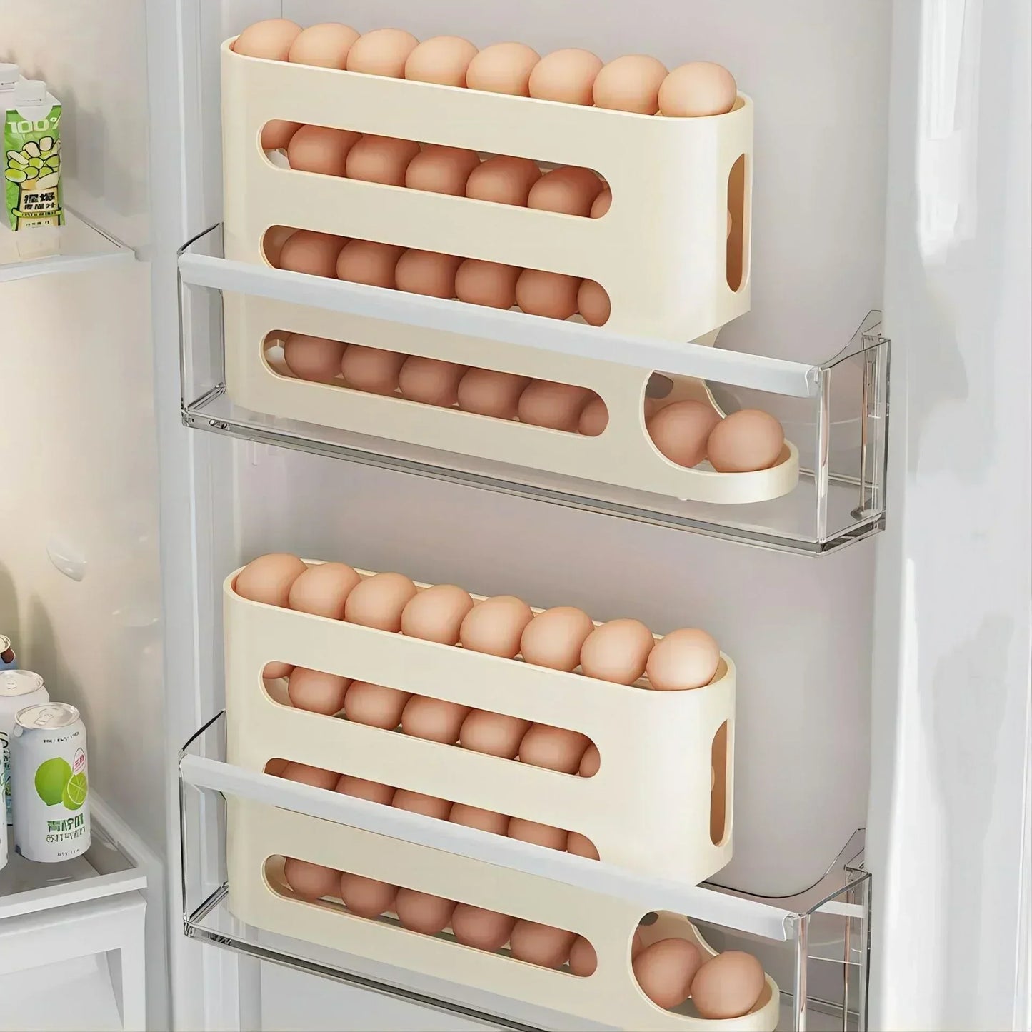 Egg storage containers with eggs inside a refrigerator.