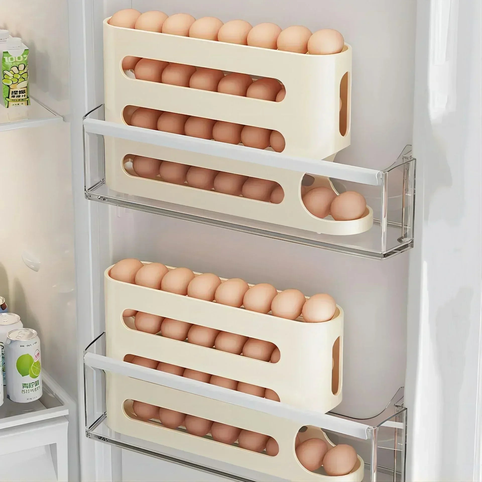 Egg storage containers with eggs inside a refrigerator.
