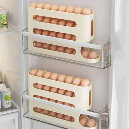 Egg storage containers with eggs inside a refrigerator.