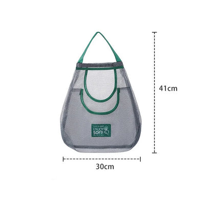 Mesh laundry bag with green handle and measurements on a white background