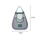 Mesh laundry bag with green handle and measurements on a white background