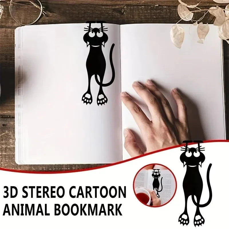 3D stereo cartoon animal bookmark on an open book with a hand holding it, on a wooden surface.