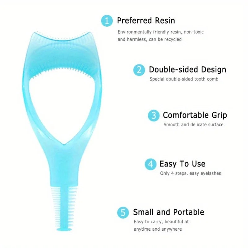Blue double-sided tooth comb with features listed on a white background