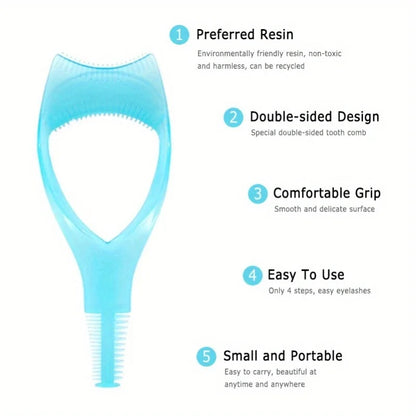 Blue double-sided tooth comb with features listed on a white background