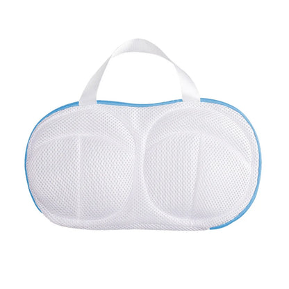 White mesh storage bag with blue trim and handle on a white background