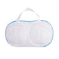 White mesh storage bag with blue trim and handle on a white background