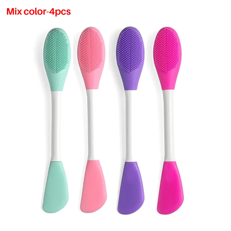 Four colorful silicone scrubber brushes on a white background with text 'Mix color-4pcs'.