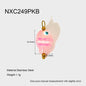 Pink and gold pendant with measurements on a white background